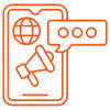 Line icon of a smartphone featuring a globe and a megaphone with a chat bubble, representing Meta social media advertising and global reach.