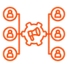 Marketing automation icon featuring a central gear with a megaphone, connected to a network of user profiles to show automated lead nurturing.