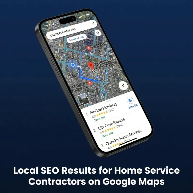 iPhone displaying local SEO results for home service contractors on Google Maps, showing a map with location pins and a ranked local pack listing plumbers near me with star ratings, reviews, and open now status.