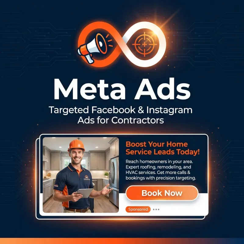 Meta Ads service card showing a Facebook and Instagram advertising mockup for a home services contractor, with a sponsored ad featuring a contractor photo, headline, and a Book Now call-to-action button for targeted local lead generation.