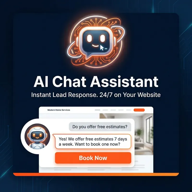 AI Chat Assistant service card showing a website chat widget with a robot avatar responding to a homeowner asking about free estimates, with the AI replying and presenting a Book Now button for instant 24/7 lead capture.