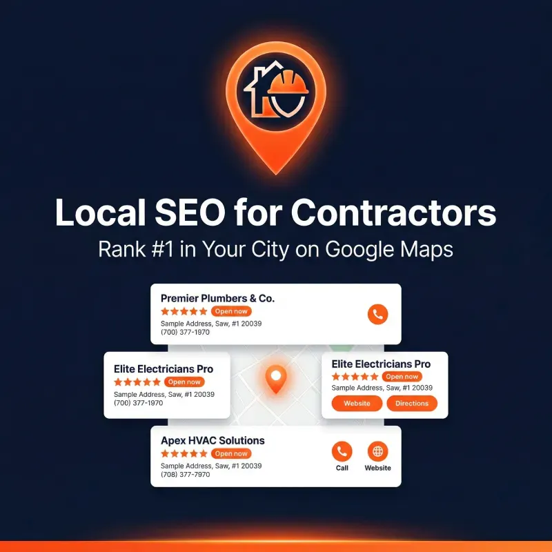 Service card showing local SEO for contractors with a Google Maps local pack listing three home service businesses including a plumber, electrician, and HVAC company, each with five-star ratings and open now status.