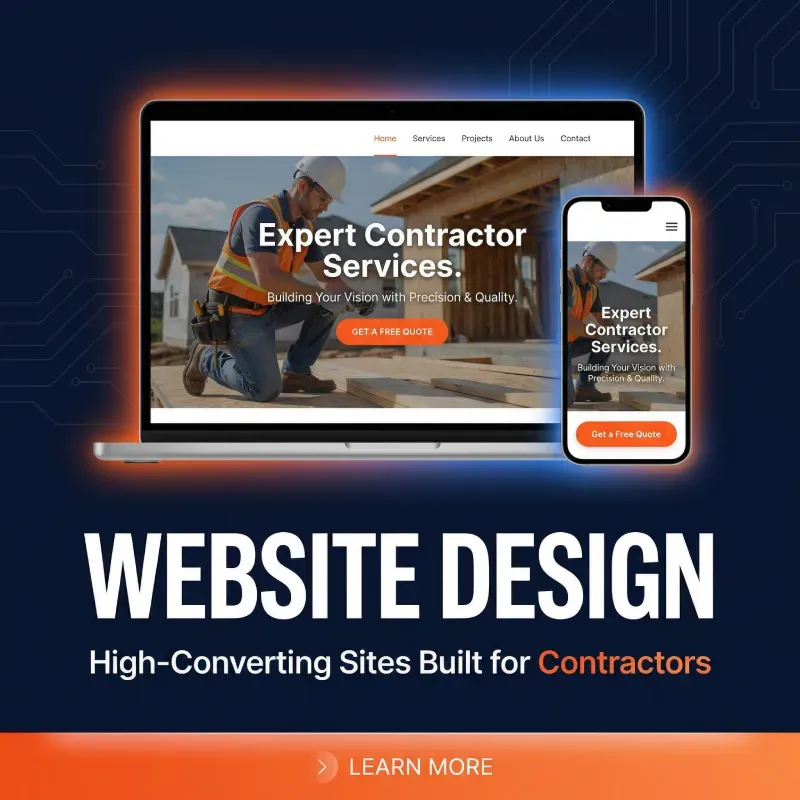 Website design service card displaying a responsive contractor website mockup on a laptop and smartphone, featuring a hero section with a construction worker, navigation menu, and a Get a Free Quote call-to-action button.