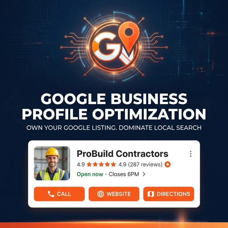 Google Business Profile Optimization service card displaying a realistic Google listing panel for a contractor business named ProBuild Contractors with a 4.9 star rating, 287 reviews, open now status, and Call, Website, and Directions action buttons.
