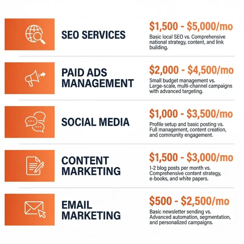 Price breakdown chart showing monthly cost ranges for internet marketing service channels including SEO, paid advertising management, social media, content marketing, and email marketing.