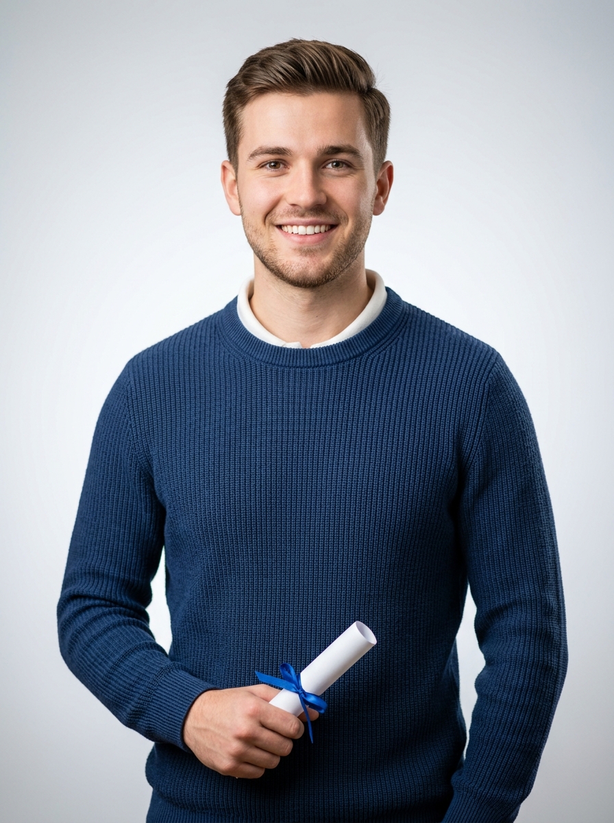 Confident recent graduate working on a laptop with LinkedIn / portfolio visuals