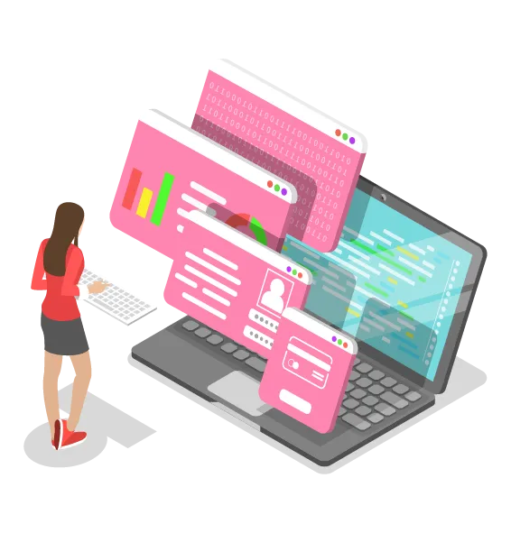 isometric illustration of hacker with laptop and windows