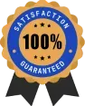 Satisfaction Guaranteed badge with blue and gold ribbon