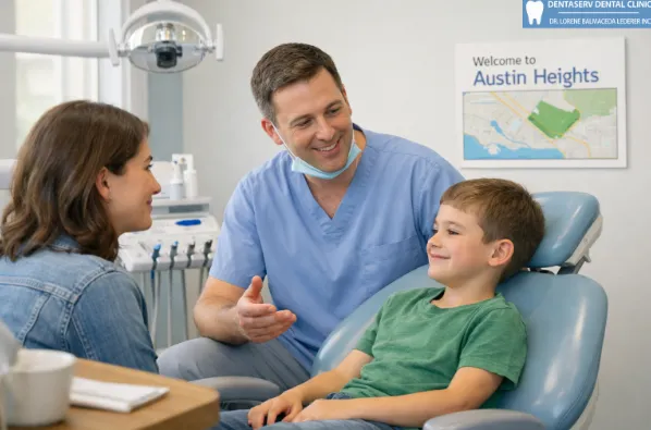 Dentist explaining care to parent and child at Dentaserv Austin Heights