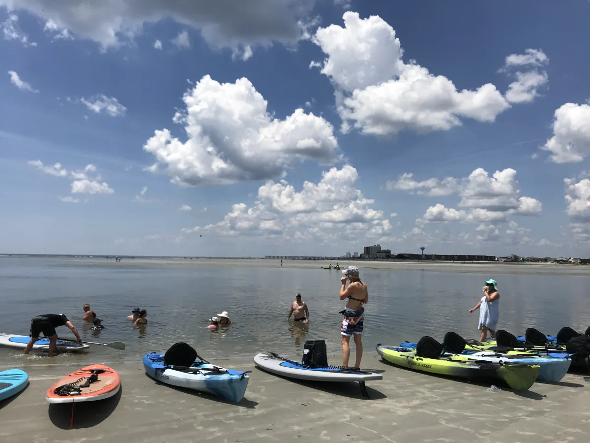 paddleboards and kayaks on the beach with people in the water