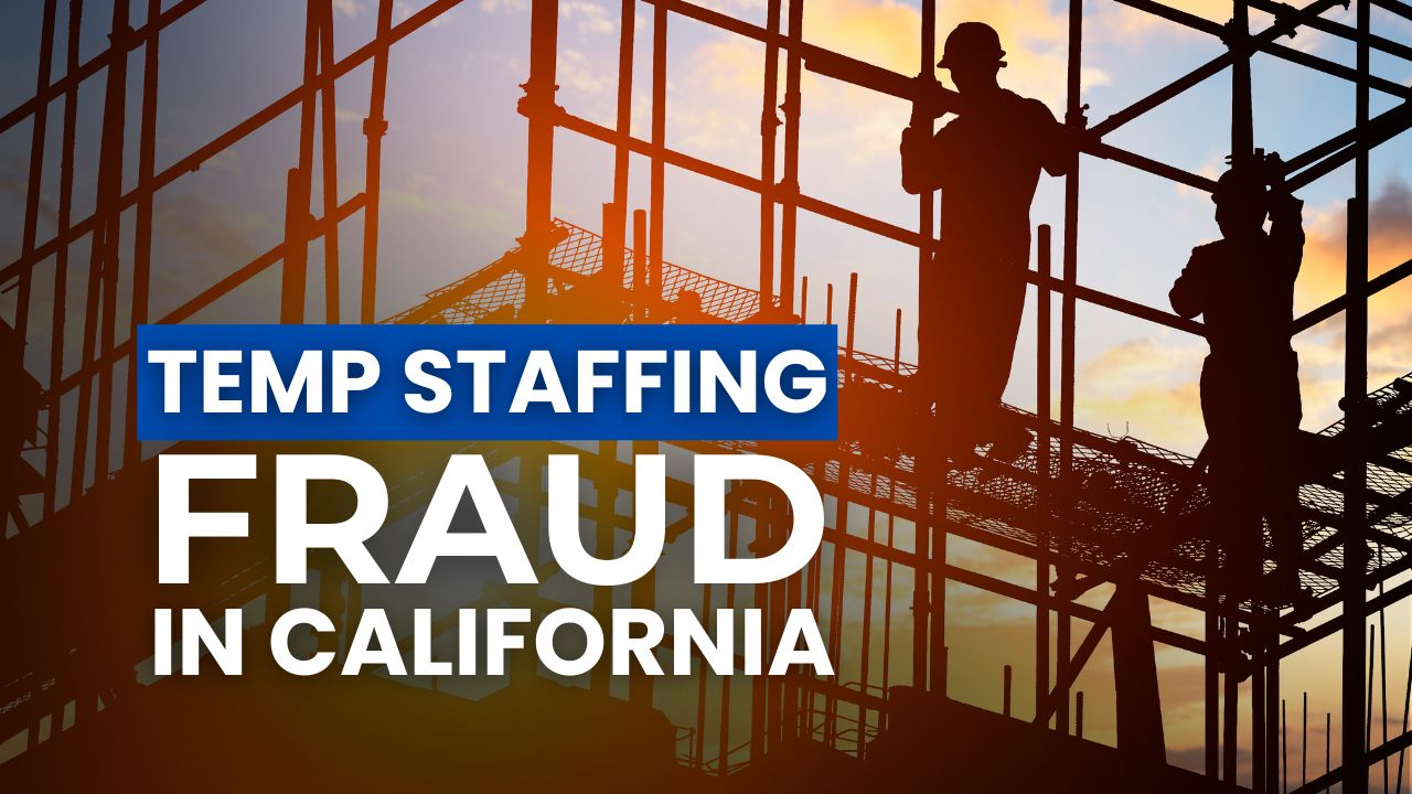 Construction workers standing on scaffolding at a job site during sunset, illustrating workers’ compensation fraud issues affecting California’s staffing and construction industries.