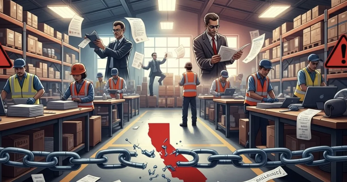 Illustration of a warehouse scene depicting California's staffing fraud crisis — suited executives review documents while warehouse workers in safety vests labor at stations, a broken chain spans the foreground, and a red silhouette of California sits at the center surrounded by scattered paperwork and warning signs.