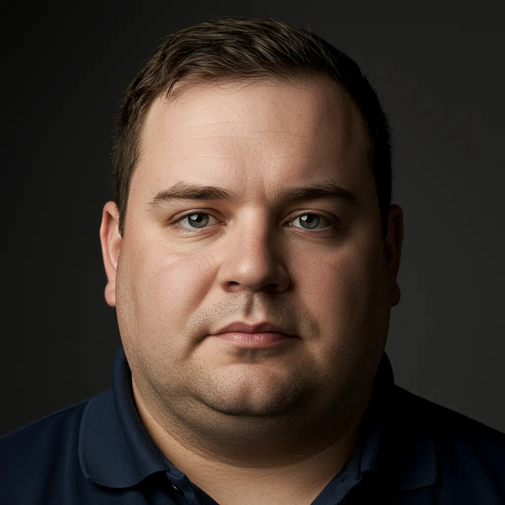 Portrait of a 42-year-old male owner-operator, smiling in denim and a high-visibility jacket, waist-up against a neutral blurred garage background, warm natural light.