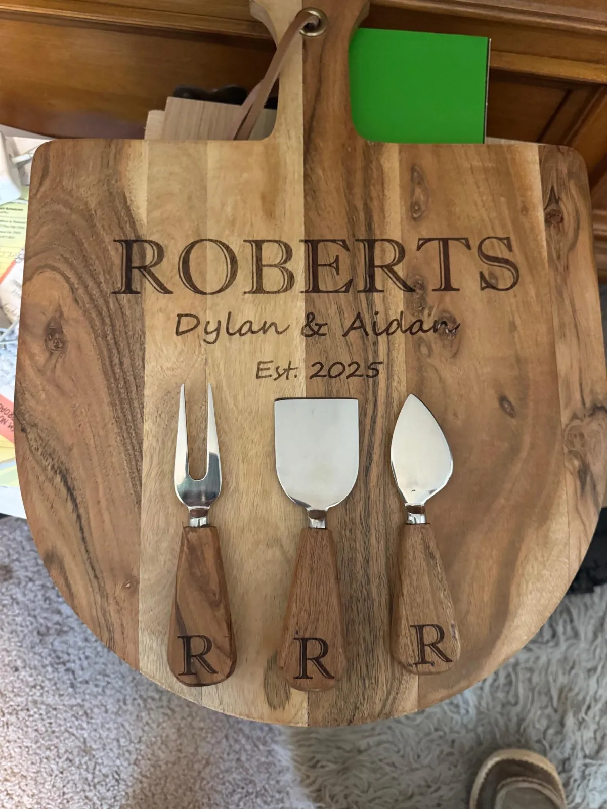 Personalized cherrywood cheese board with engraved wedding name