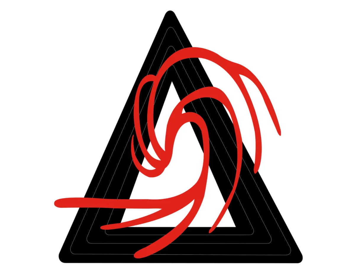 Logo of New Wave Jiu-Jitsu featuring a dynamic red swirl inside a black triangular design, representing martial arts energy and movement.