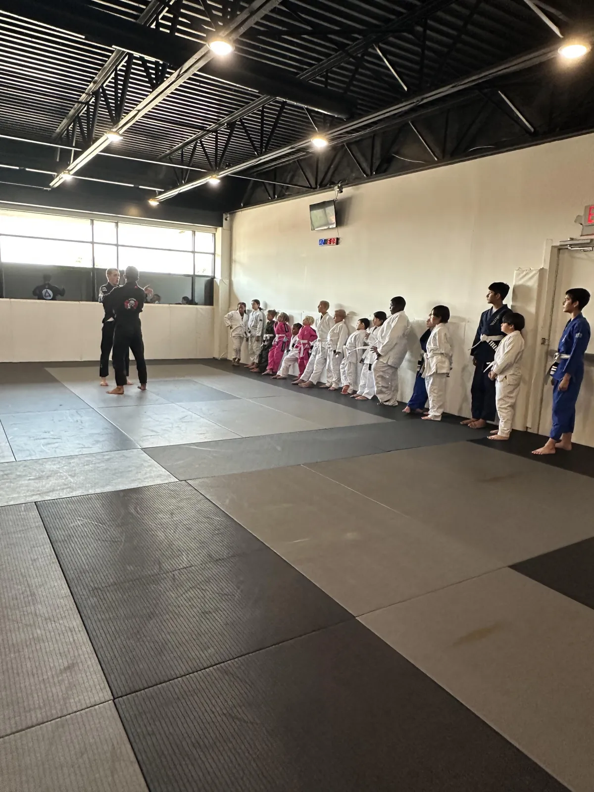Kids and teens in Brazilian Jiu-Jitsu gis observing a lesson, with instructors demonstrating techniques in a well-lit dojo environment, emphasizing skill development and discipline.
