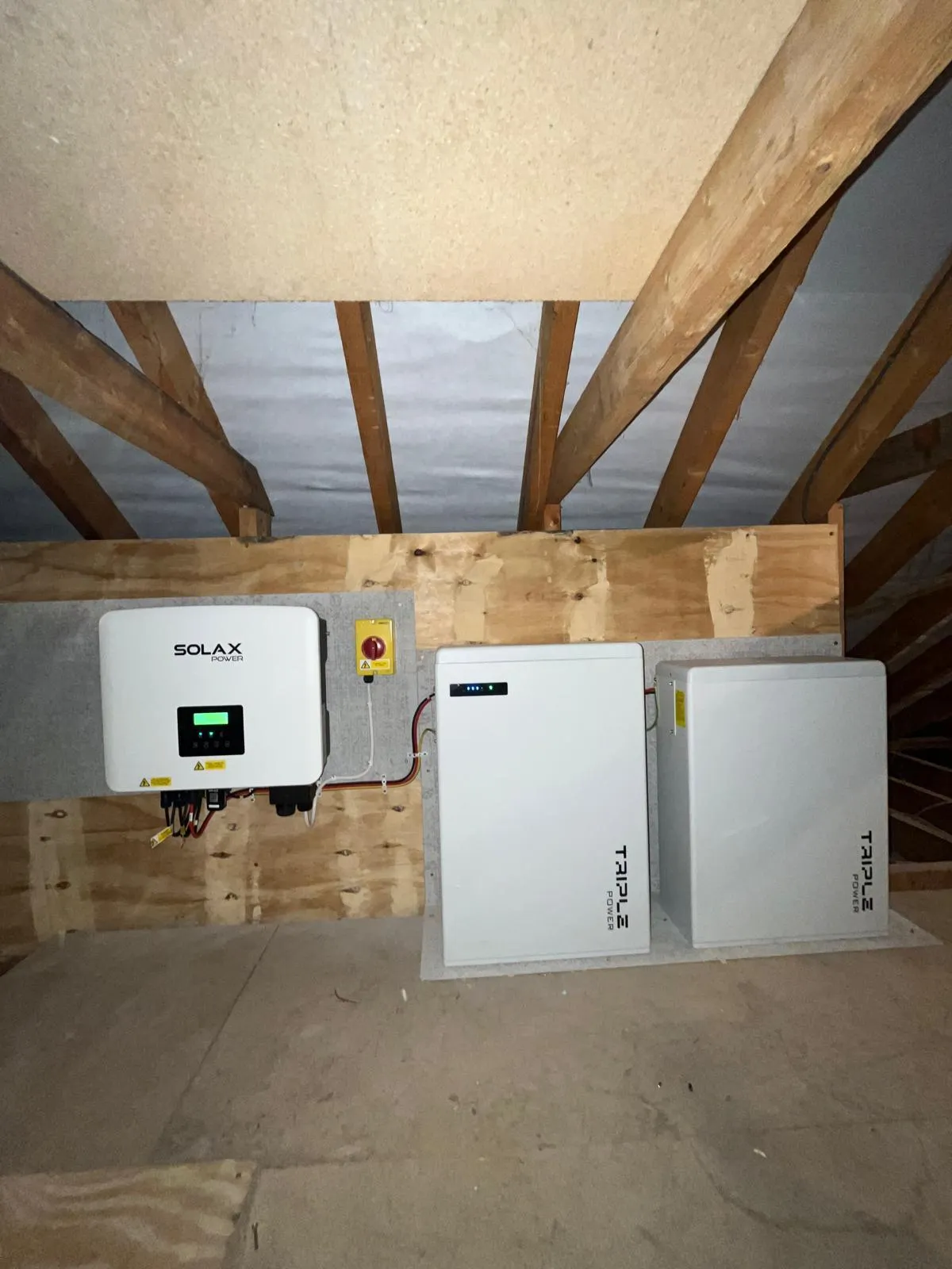 Solar battery storage that has been fitted in the attic of a home