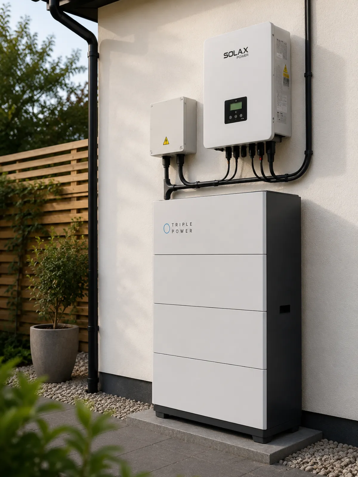 Modern battery storage fitted in a garden