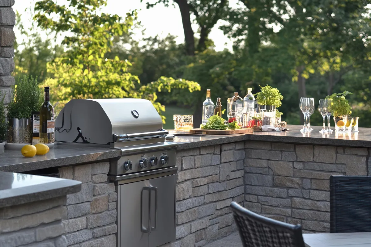 Outdoor kitchen with stainless steel grill and storage built into composite deck in Wilmington, NC