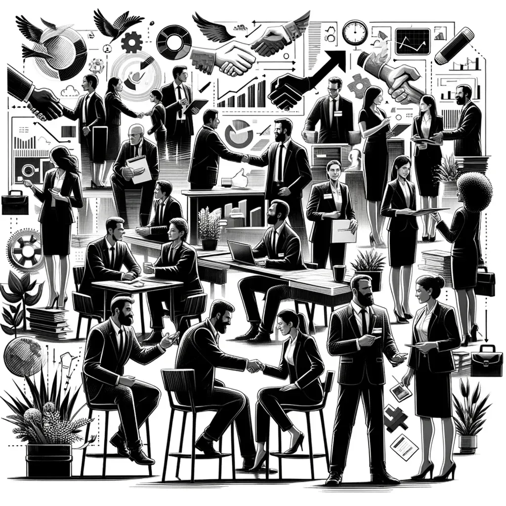 The illustration captures diverse business owners coming together in a spirit of support and collaboration, set in a black and white theme that emphasizes the timeless value of unity and mutual growth in the business community.