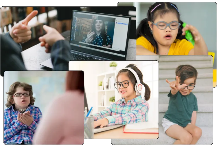 A collage of five images featuring students with unique needs engaging in various learning activities, including a student on a video call, a child with glasses looking attentive, and two children participating in hands-on learning.