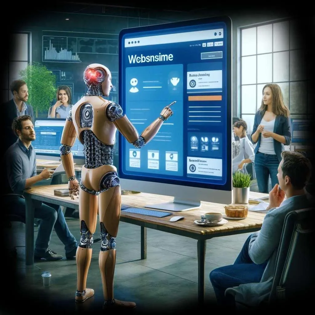 Half-human, half-robot building a website on a large screen in a modern office, with colleagues discussing improvements. The website is designed for a local business with a business logo, navigation menu, and service listings.