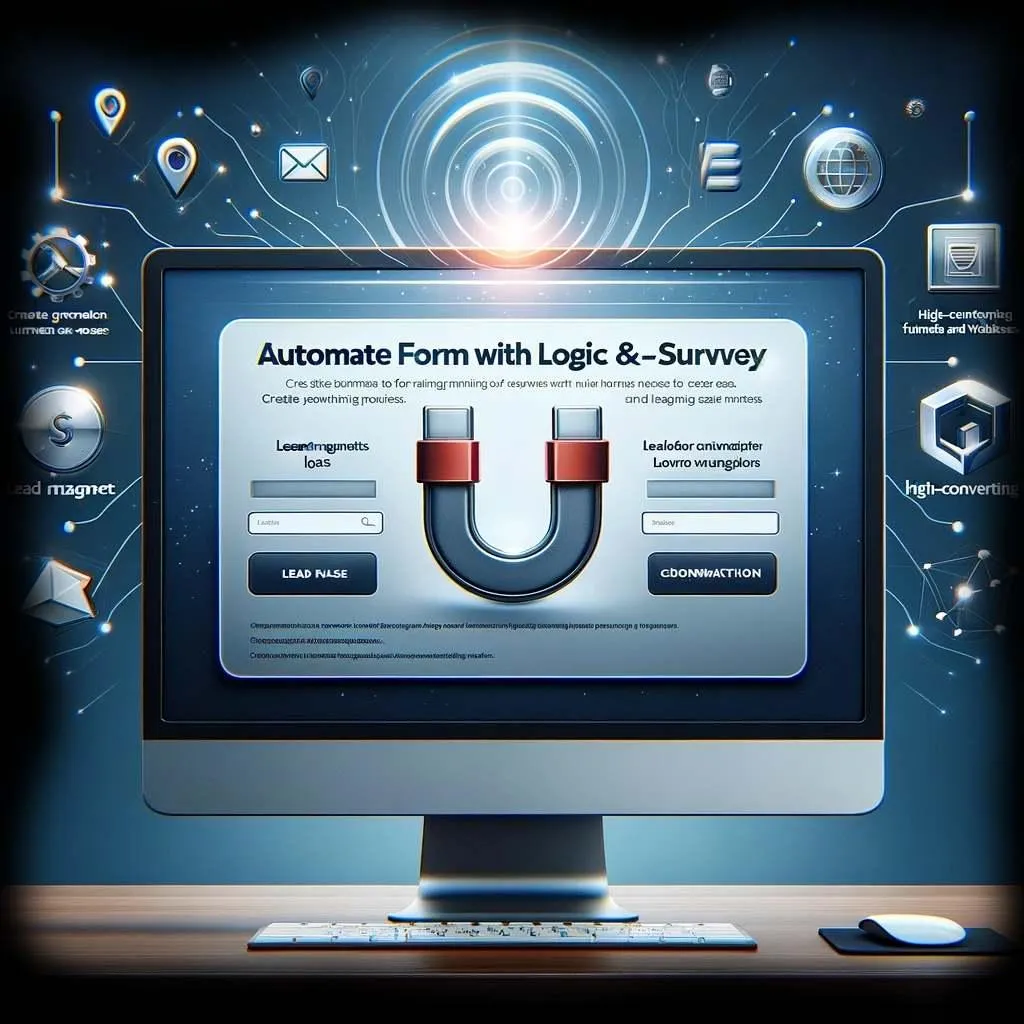 Automate form with logic and survey on a computer screen, featuring lead magnet and high-converting funnel and website elements. The image shows a modern, techy interface designed for optimizing lead generation and business growth.