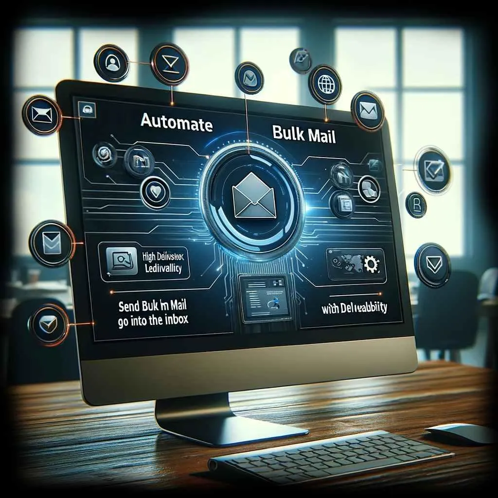 Computer screen displaying an email marketing interface with 'Automate Bulk Mail' and 'Send Bulk Mail to Leads that go into the Inbox with Deliverability', surrounded by icons for high deliverability, inbox, leads, and bulk email in a modern office setting.