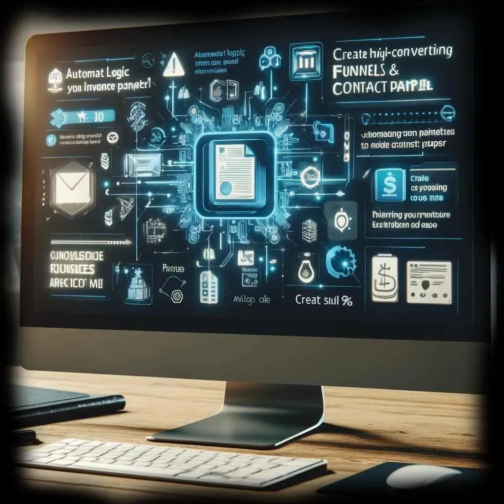 Computer screen displaying an interface for automating payment logic to invoice and contract paper, along with creating high-converting funnels and websites. Surrounding the screen are icons for payment, invoices, contracts, funnels, and websites in a modern office setting.