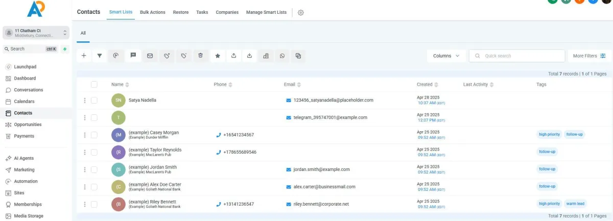 Modern CRM dashboard from AutomationPartners.ai showing AI-generated lead scores, customer activity, email engagement, and predictive GPT insights.