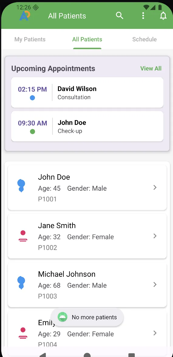 AI Health App dashboard with patient appointment stats, follow-up tracking, and no-show reduction insights for healthcare clinics.