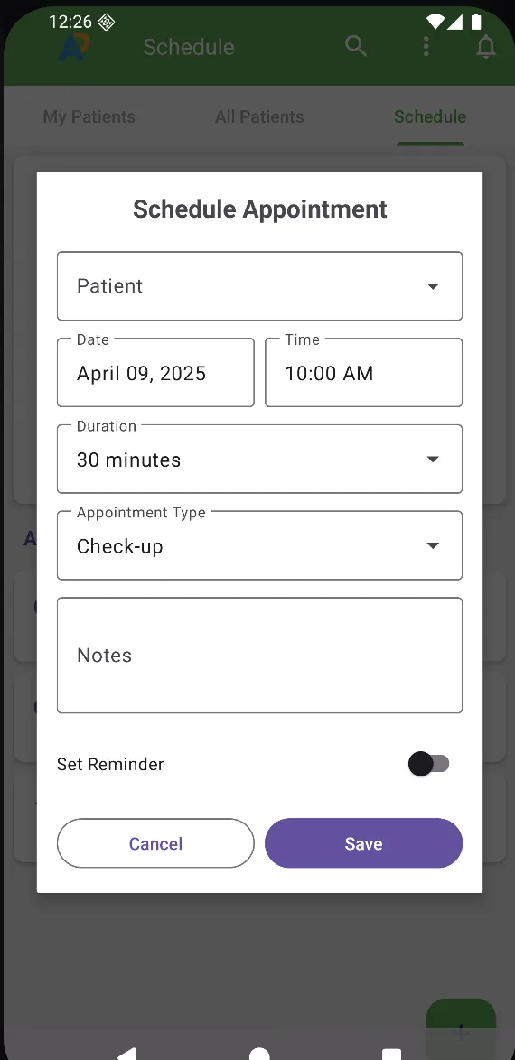 AI Health App dashboard with patient appointment stats, follow-up tracking, and no-show reduction insights for healthcare clinics.
