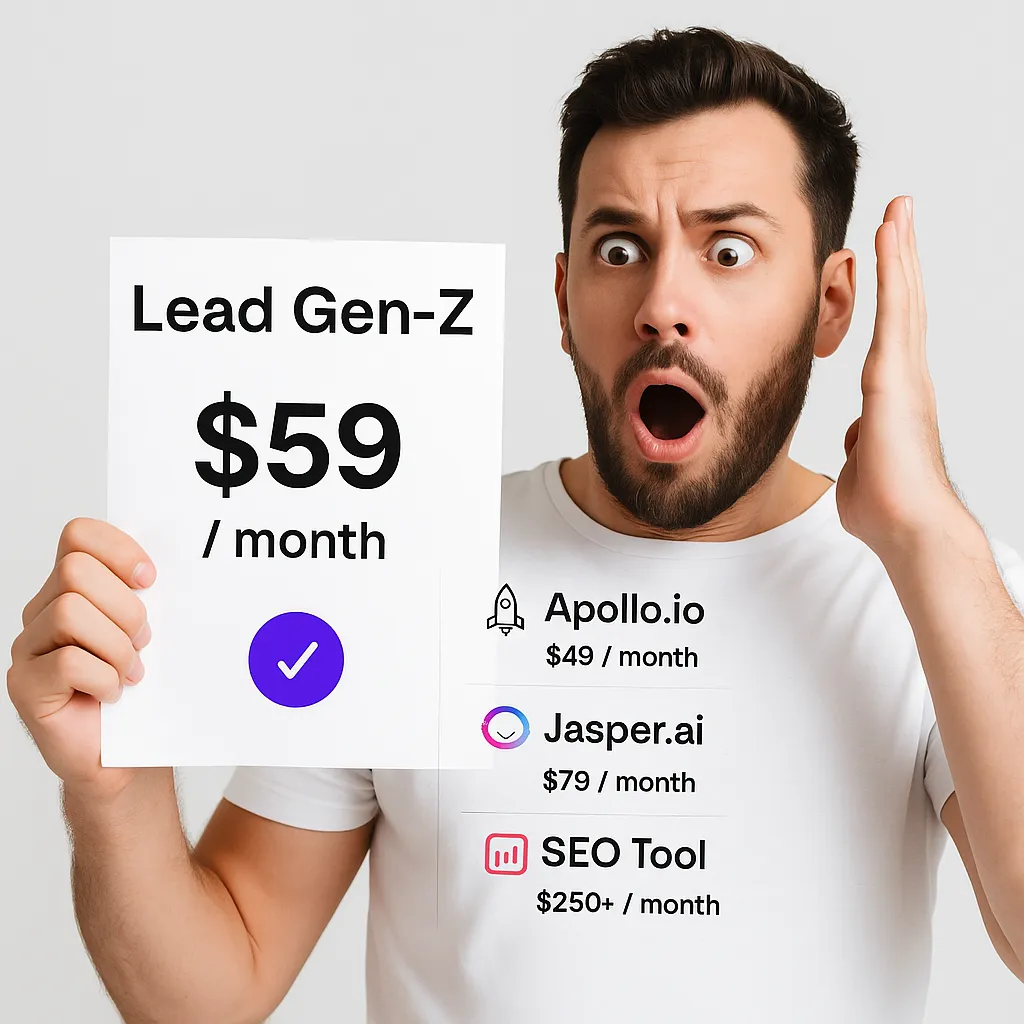 A shocked USA American handsome man in new york state holding a Lead Gen-Z pricing sheet comparing $59/month with competitors like Apollo.io, Jasper.ai, and SEO tools.