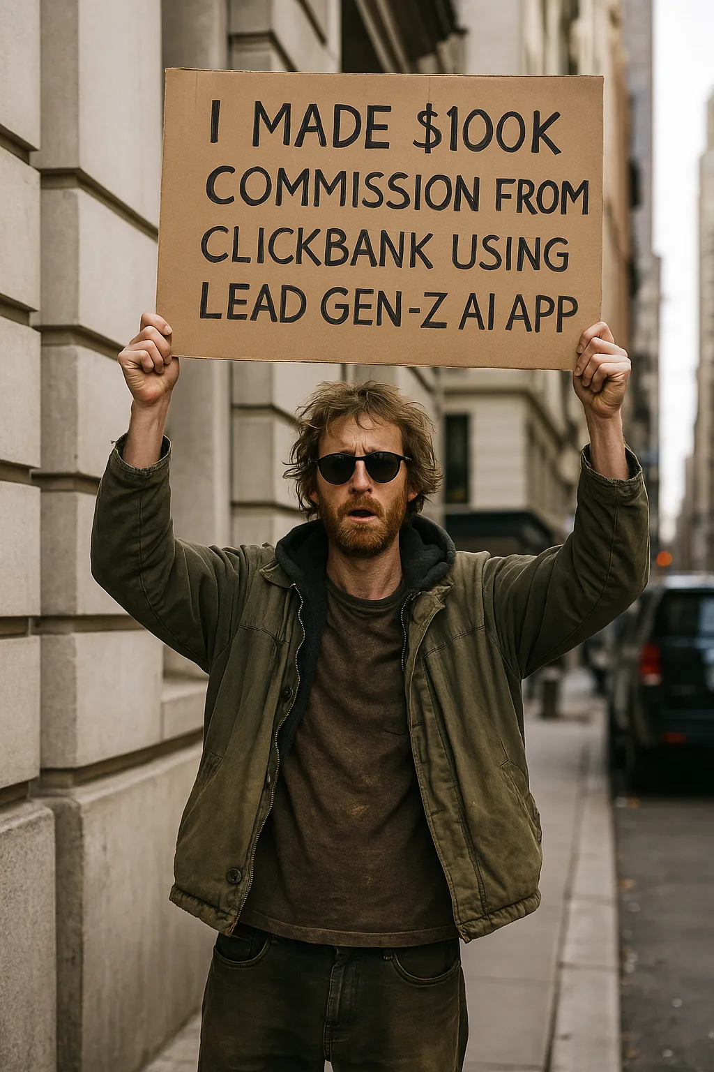Man holding cardboard sign that reads 'I made $100K on ClickBank with Lead Gen Z AI App' standing on a city street looking surprised and scruffy.