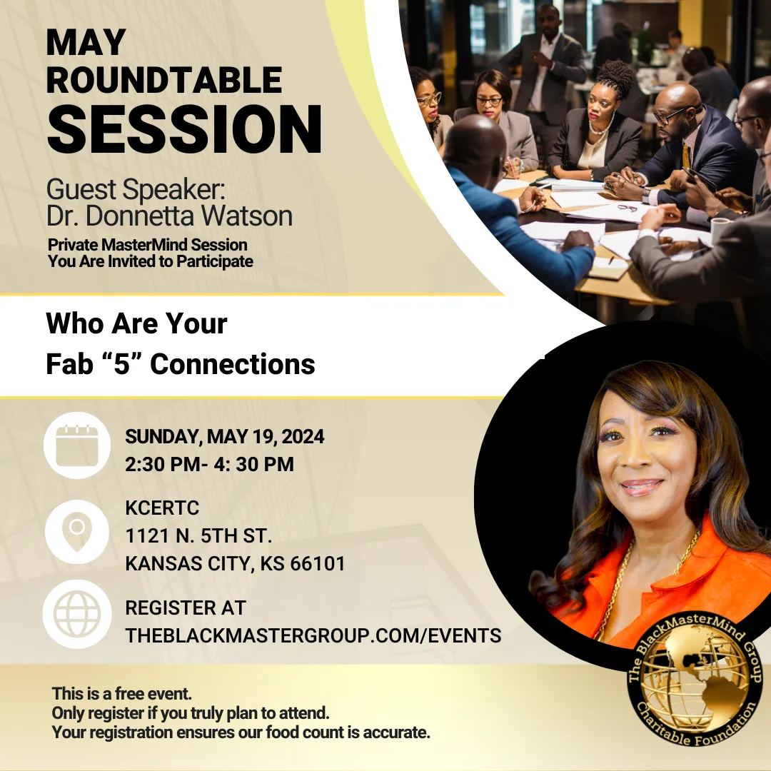 The Black Mastermind Group presents - Event Details: - Title: Entrepreneurial Financial Literacy Month Roundtable - Date: April 21, 2024 - Time: 2:30 pm - 4:30 pm Central Time - Location: Kansas City, Kansas.  "Don't let these fancy words scare you. It's just another way of saying - Do you know what's happening with your money? it's the real stuff we don't want to talk about. we have been taught to not tell anybody about our business. a big mistake. you need to have that conversation with someone sooner than later. because what you don't know is truly hurting you and your business."