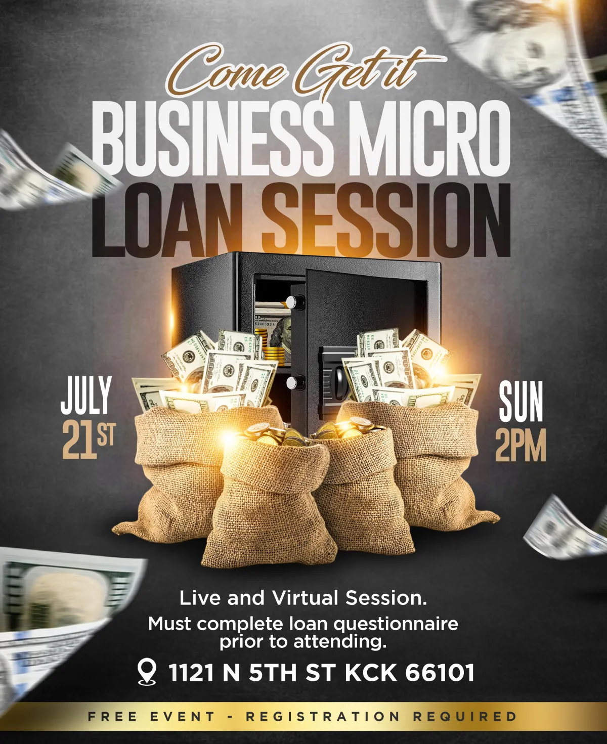 The Black Mastermind Group presents - Event Details: - Title: Business MicroLoan Session - Date: July 21, 2024 - Time: 2:00 pm - 4:00 pm Central Time - Location: Kansas City, Kansas.  "Come Get It!"