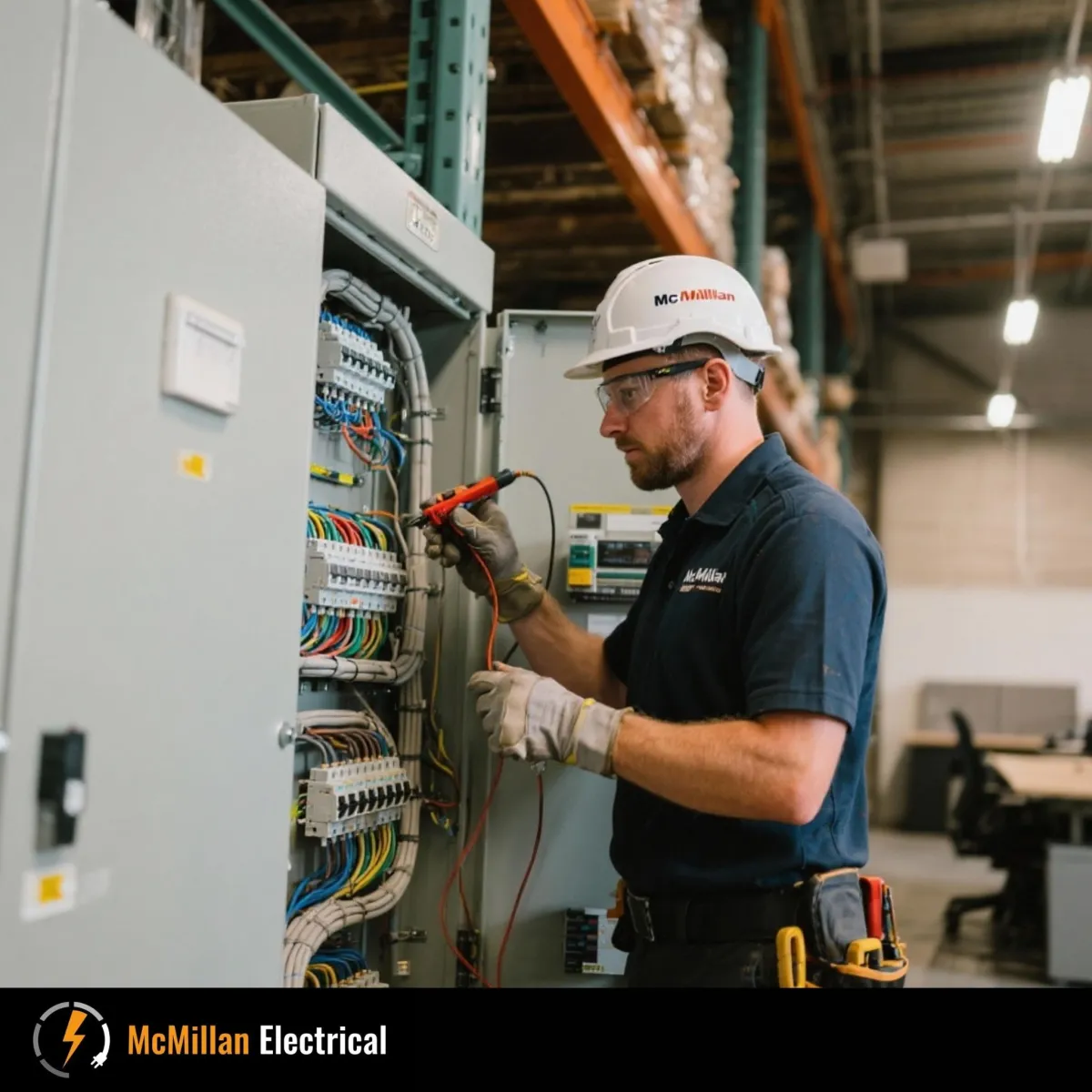 Electrician in Redhill and Reigate performing thermal inspection and emergency lighting tests to ensure workplace compliance.