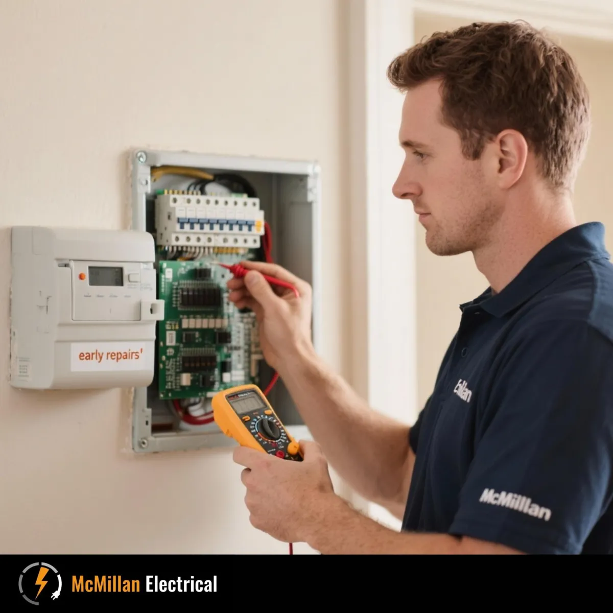 Qualified electrician in Redhill and Reigate testing a consumer unit to diagnose electrical faults and prevent downtime — McMillan Electrical.
