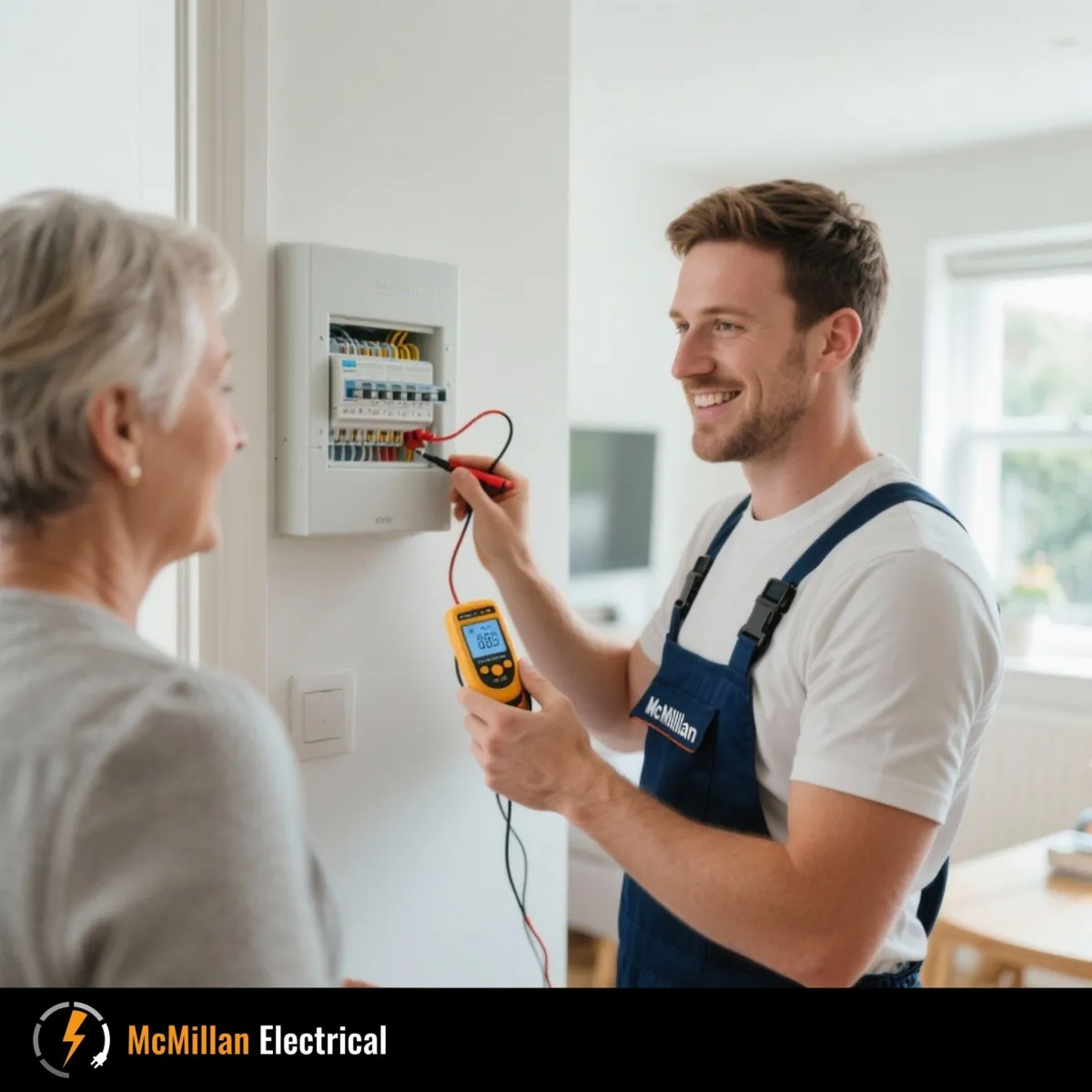 Electrician in Redhill and Reigate testing a home consumer unit as part of an electrical safety checklist — McMillan Electrical.