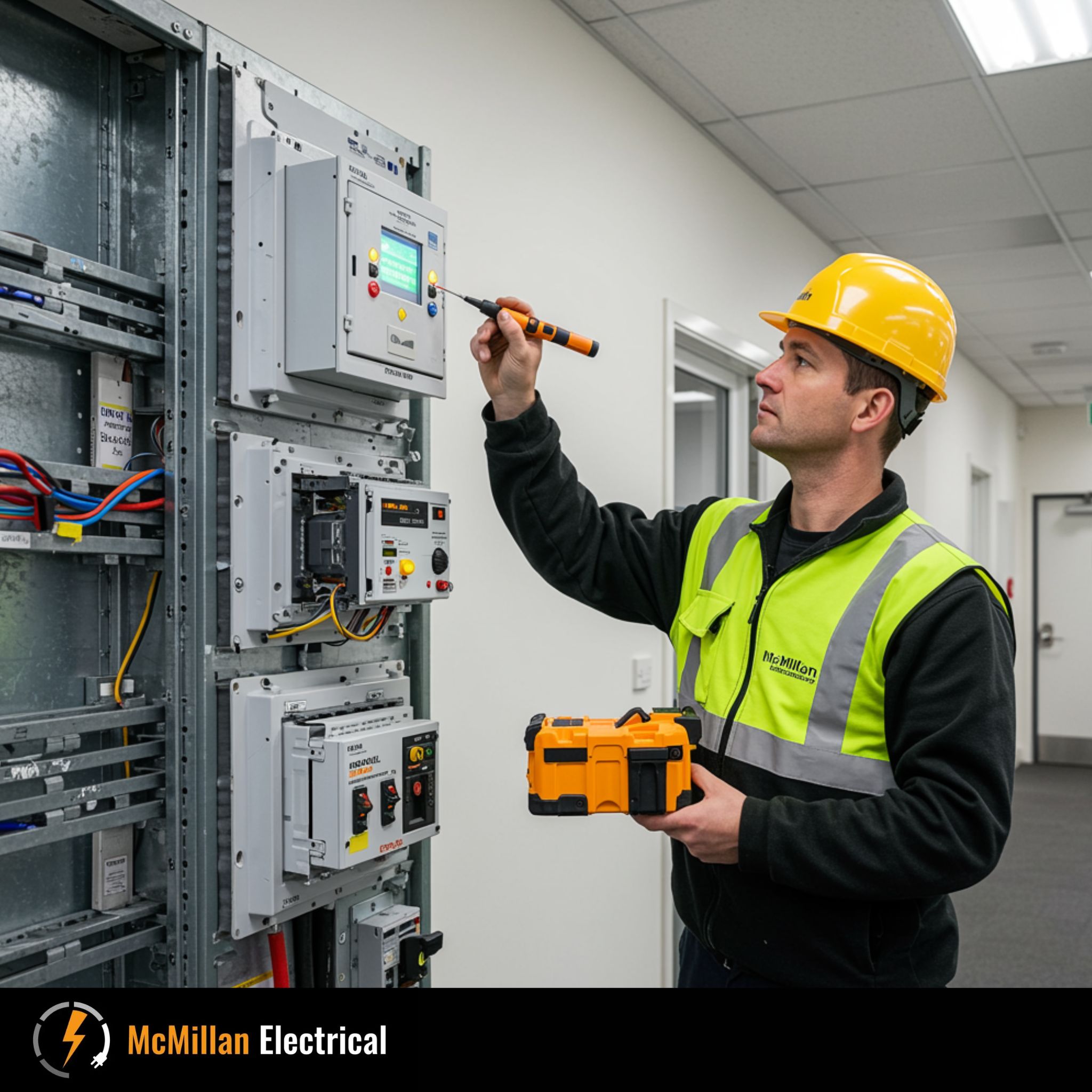 McMillan Electrical technician inspecting lighting and electrical systems in an East Grinstead commercial property to ensure safety, efficiency, and full compliance with NICEIC standards.