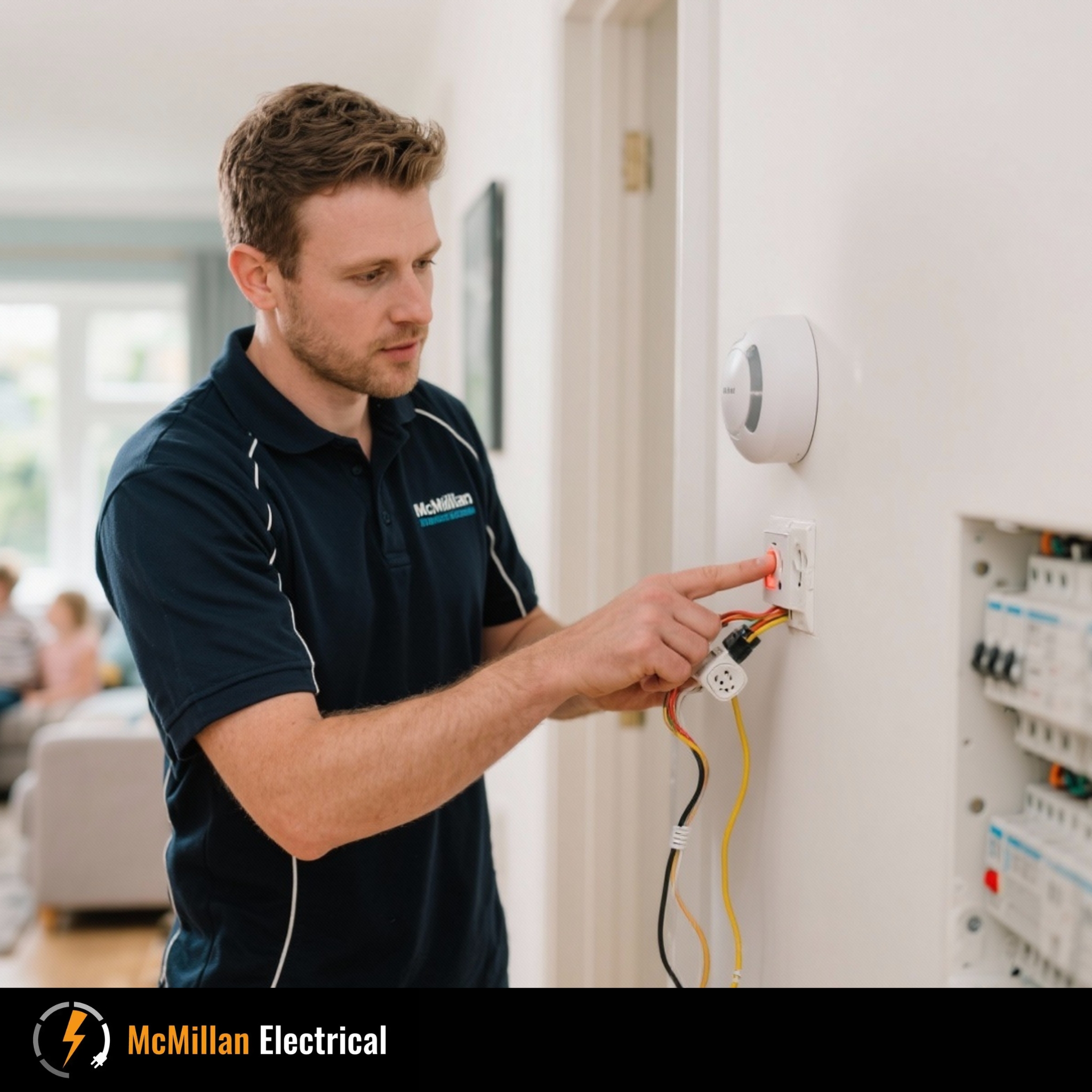 McMillan Electrical technician testing a smoke alarm in an East Grinstead home, helping homeowners stay safe, compliant, and energy efficient.