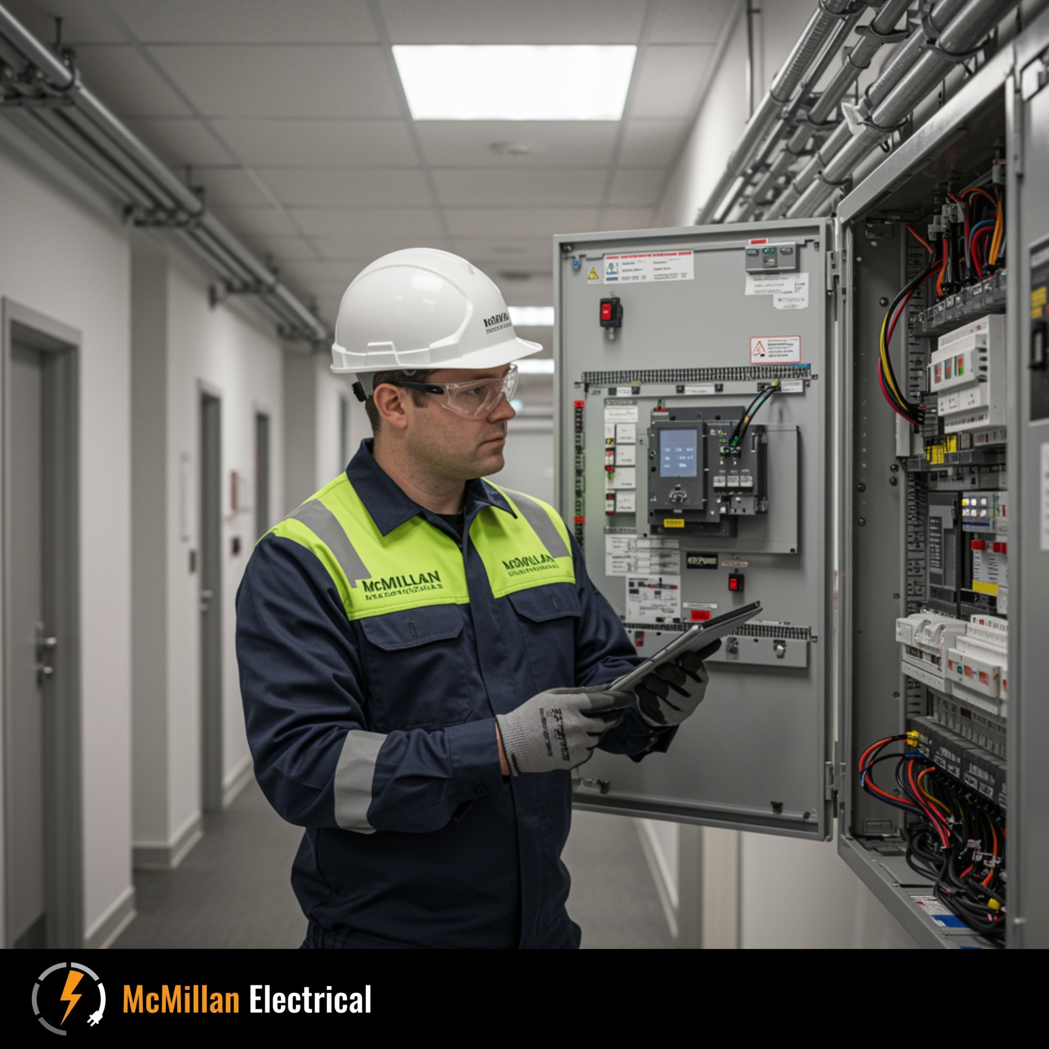 Commercial electrician in Royal Tunbridge Wells inspecting a distribution board in a modern office corridor to prevent common electrical faults.