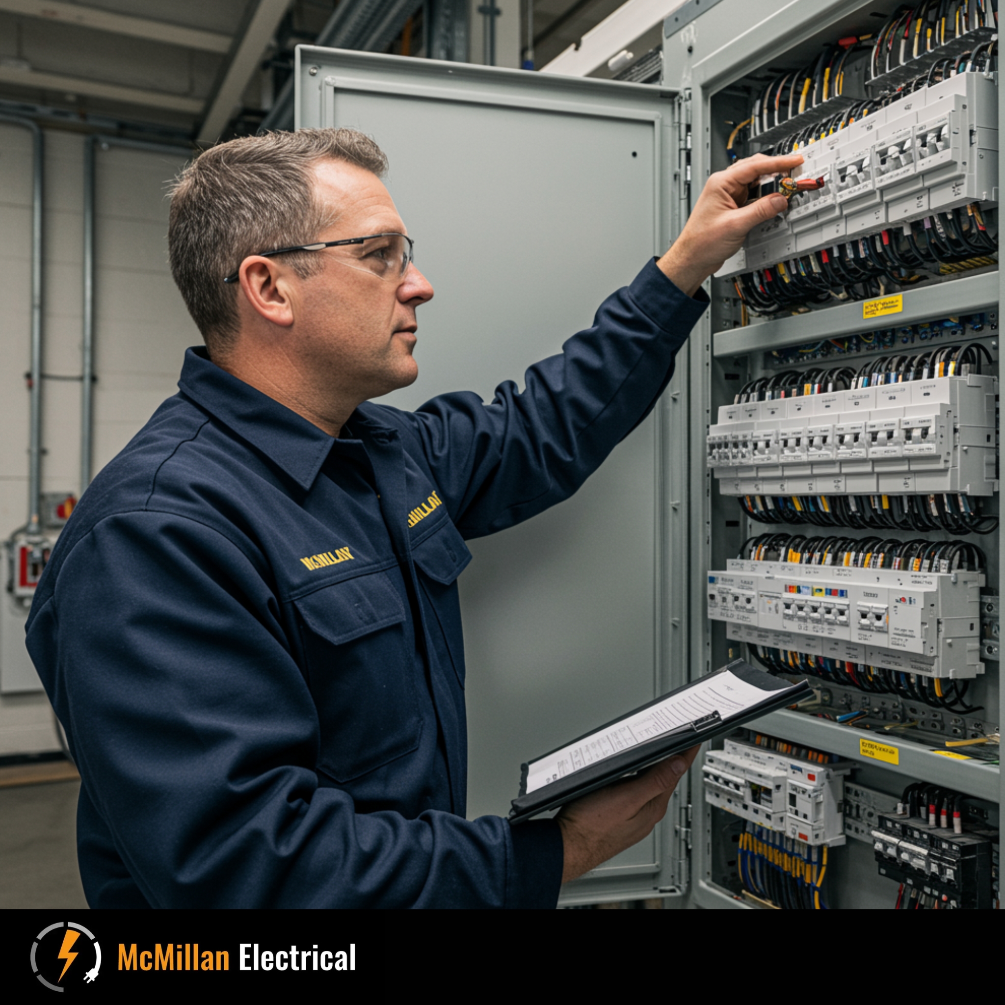 McMillan Electrical commercial electrician inspecting an electrical board in a Burgess Hill warehouse, checking circuits, lighting and surge protection to keep the site compliant and running safely.