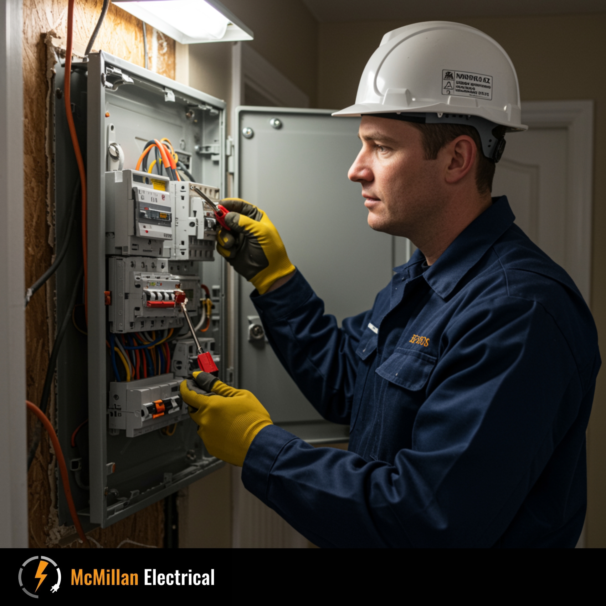 McMillan Electrical local electrician inspecting an open consumer unit in a Burgess Hill home after tripping RCDs and flickering lights.