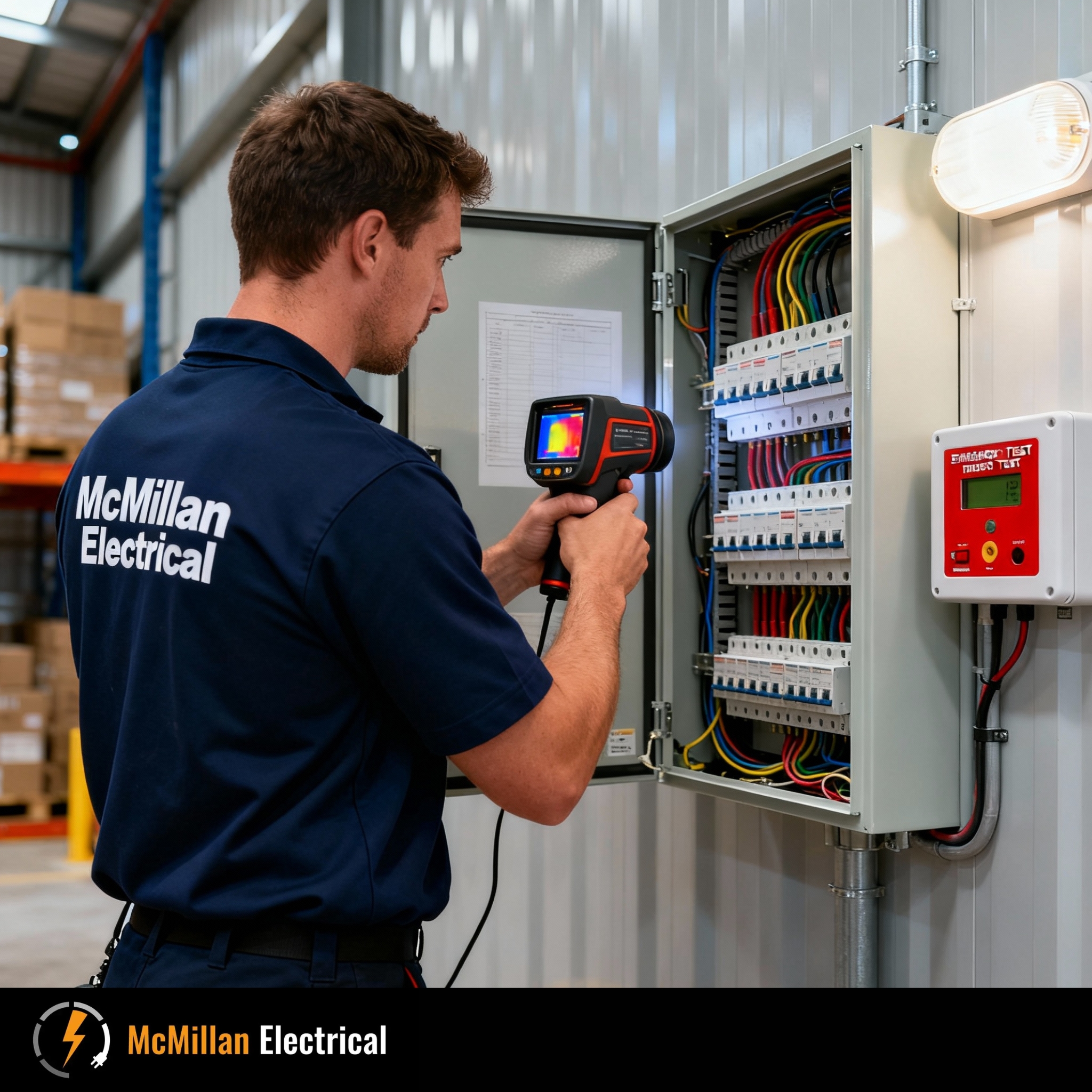 McMillan Electrical commercial electrician testing emergency lighting and switchgear in a Horsham industrial unit to fix overloaded circuits, poor earthing and surge protection issues for local businesses.