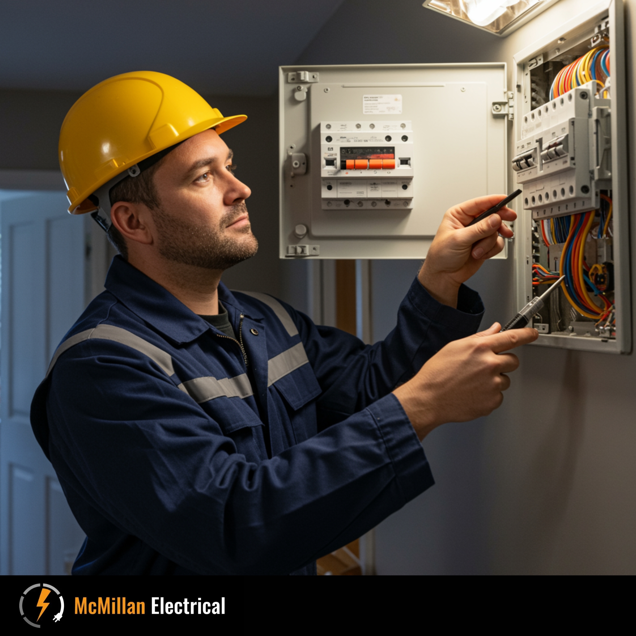 McMillan Electrical local electrician checking a Horsham home’s consumer unit for tripping breakers, burning smells and other electrical faults.
