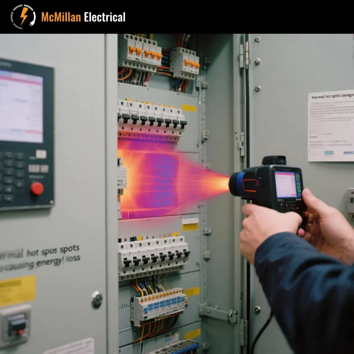 Commercial electrician in Crawley using thermal imaging to detect electrical faults and improve energy efficiency — McMillan Electrical.