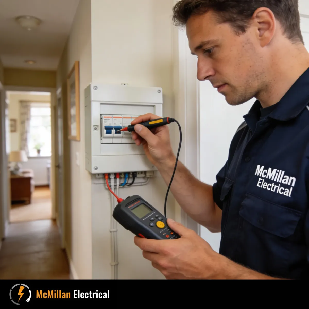 McMillan Electrical electrician inspecting a consumer unit in Crowborough after frequent breaker trips and flickering lights.