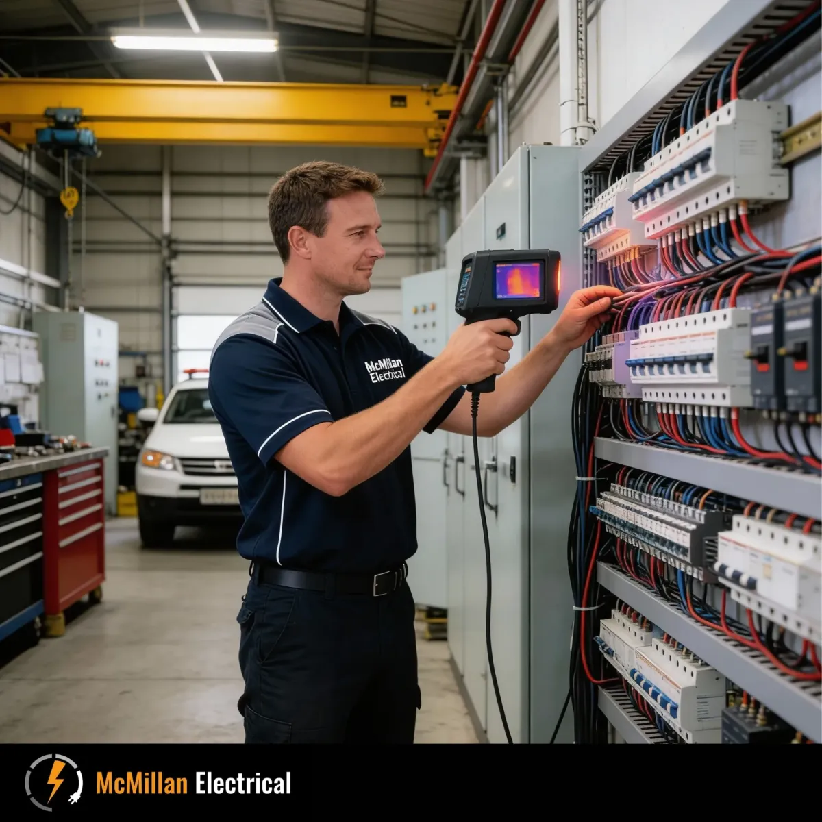 McMillan Electrical electrician inspecting a consumer unit in a Dorking commercial property to diagnose compliance and fault issues.