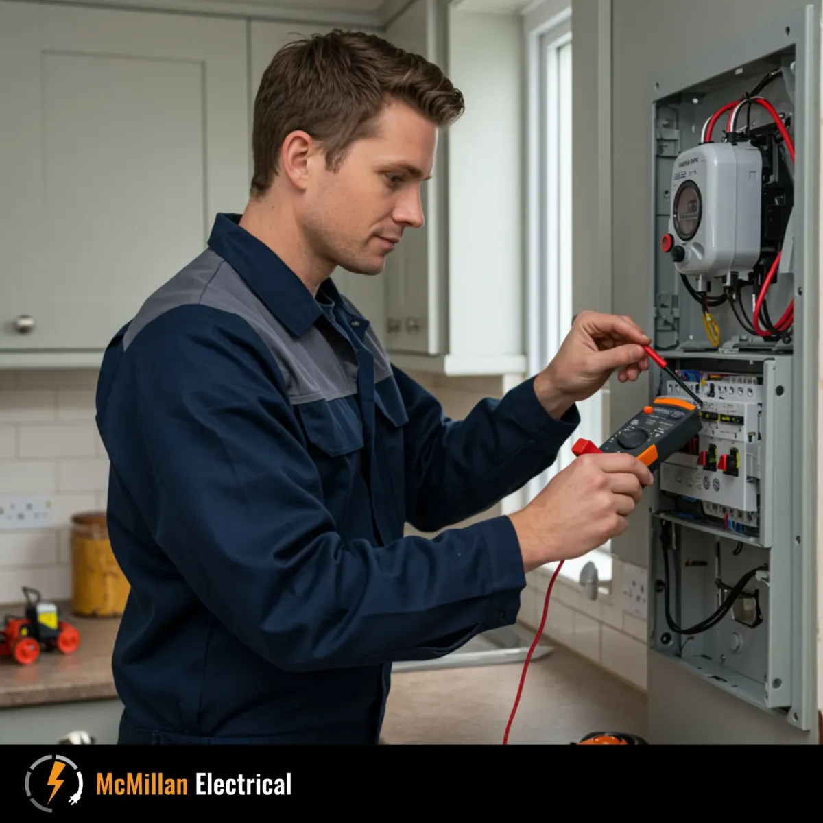 McMillan Electrical electrician checking a consumer unit in Dorking after breaker trips, flickering lights and other fault warning signs.